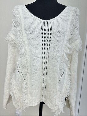 Moon River Fringe Open-Knit V-Neck Sweater | Small
